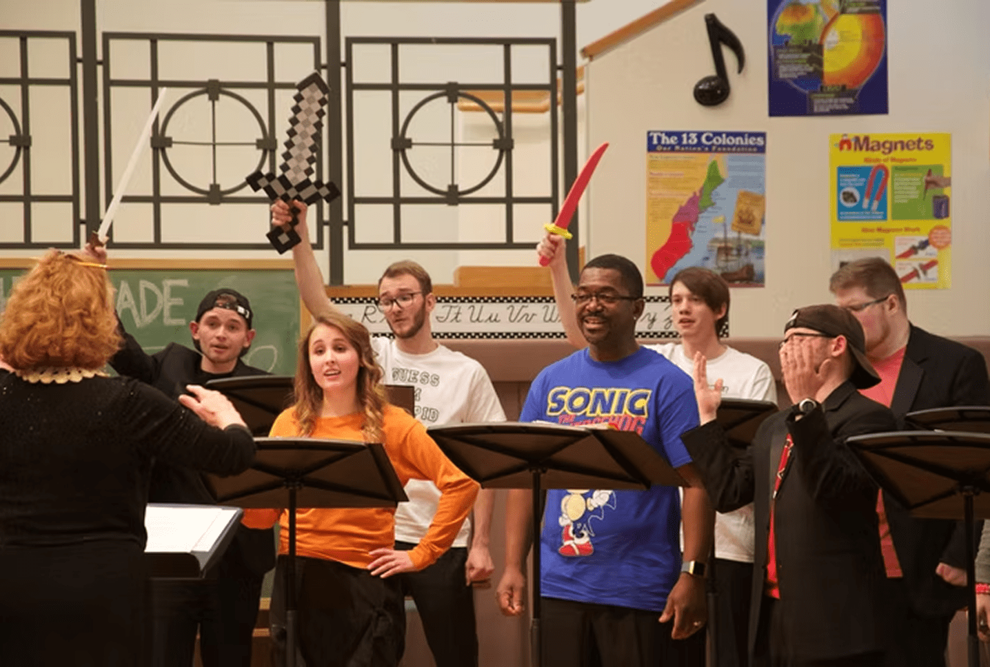 Group singing with toy swords
