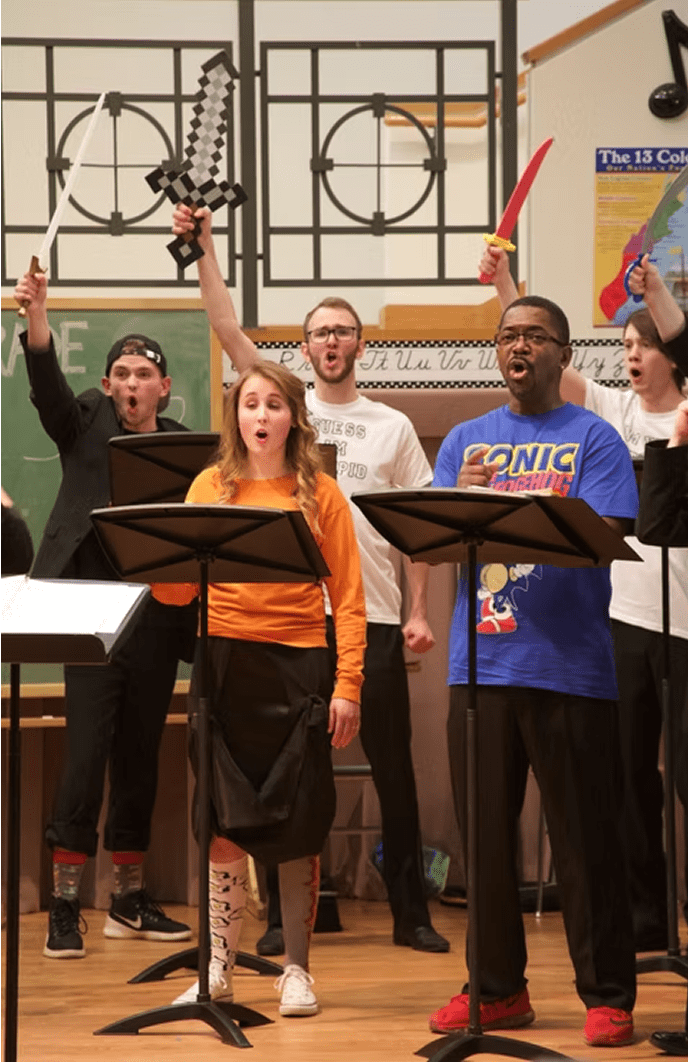 Energetic choir holding toy weapons